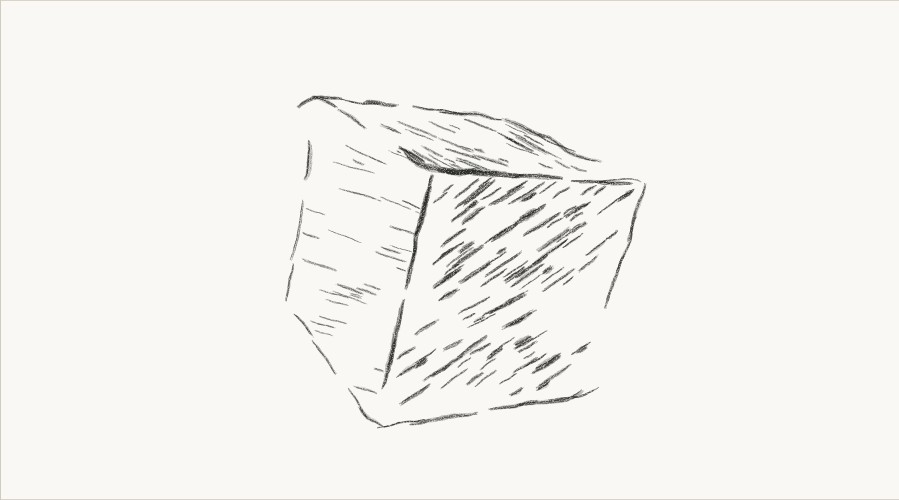 描き残しや強弱のある鉛筆の線で表現された立方体